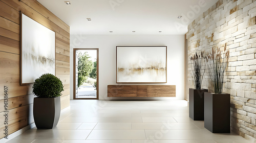 A modern entrance hall featuring wooden accents, artwork, and decorative plants.