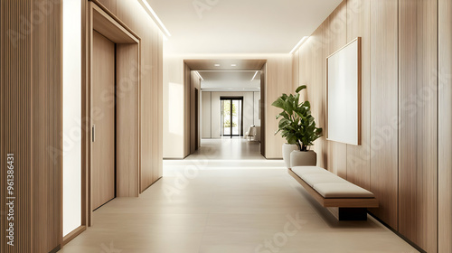 A modern hallway with wooden walls, a bench, and a plant, creating a serene atmosphere.