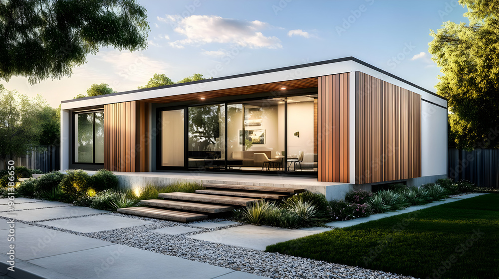 A modern house with wooden accents and large glass windows surrounded by greenery. A modern house with wooden accents and large glass windows surrounded by greenery.