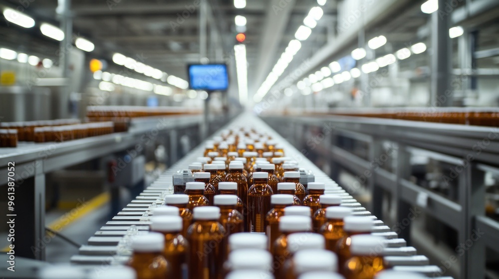 Obraz premium A production line filled with amber bottles in a manufacturing facility.