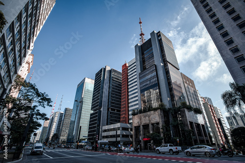 Fotografie Modern Skyscrapers and Traffic on Avenida Paulista - São Paulo, Brazil