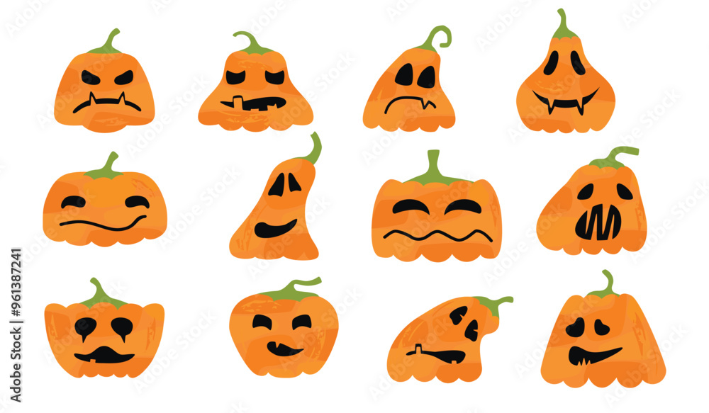 Halloween pumpkins set with different facial expressions.Cartoon characters isolated on white.Silhouettes of objects with textures.Vector flat color designs for use in card,banner,stickers,invitation. Halloween pumpkins set with different facial expressions.Cartoon characters isolated on white.Silhouettes of objects with textures.Vector flat color designs for use in card,banner,stickers,invitation.