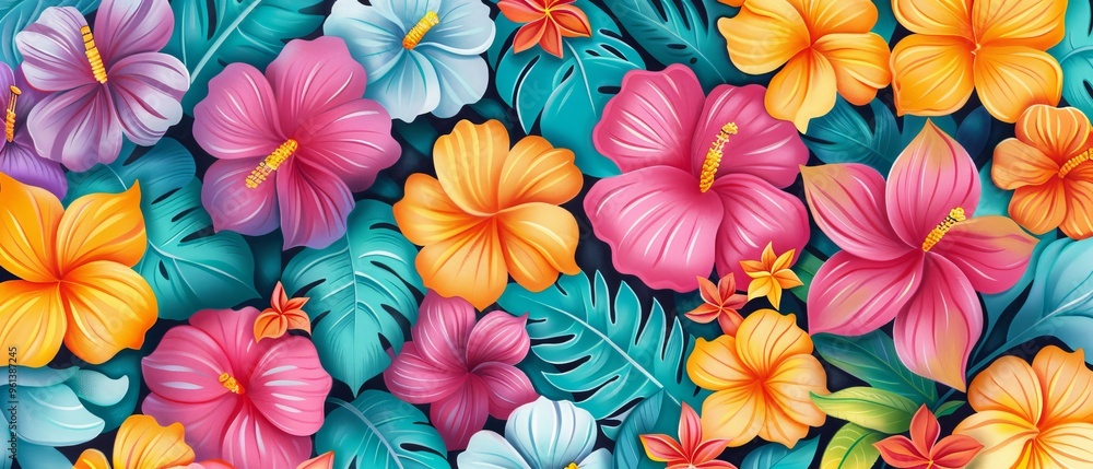 Vibrant cluster of flowers against a backdrop of blue and orange, featuring underlaying greenery with flowering plants and leaves at image base Vibrant cluster of flowers against a backdrop of blue and orange, featuring underlaying greenery with flowering plants and leaves at image base