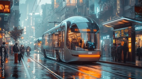 Autonomous transportation systems for safer cities, AI-powered autonomous vehicles for public transportation, A futuristic public transportation system with autonomous buses and trains.