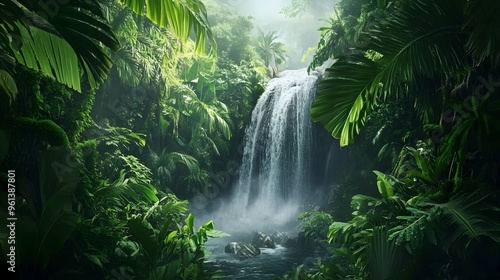 Serene Tropical Waterfall Cascading Through Lush Jungle Foliage for Bathroom Decor