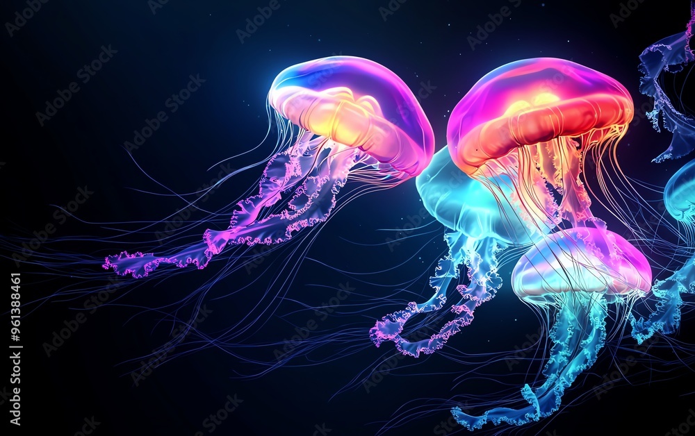 Beautifully illuminated jellyfish swimming gracefully in dark waters, showcasing vibrant colors and ethereal movements. Beautifully illuminated jellyfish swimming gracefully in dark waters, showcasing vibrant colors and ethereal movements.