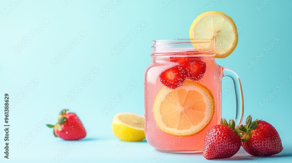A refreshing drink with strawberries and lemon in a jar, set against a light blue background. A refreshing drink with strawberries and lemon in a jar, set against a light blue background.