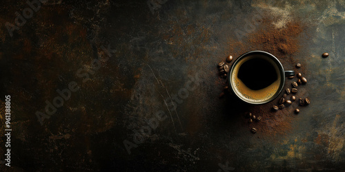 Rustic coffee cup on dark vintage background with scattered beans