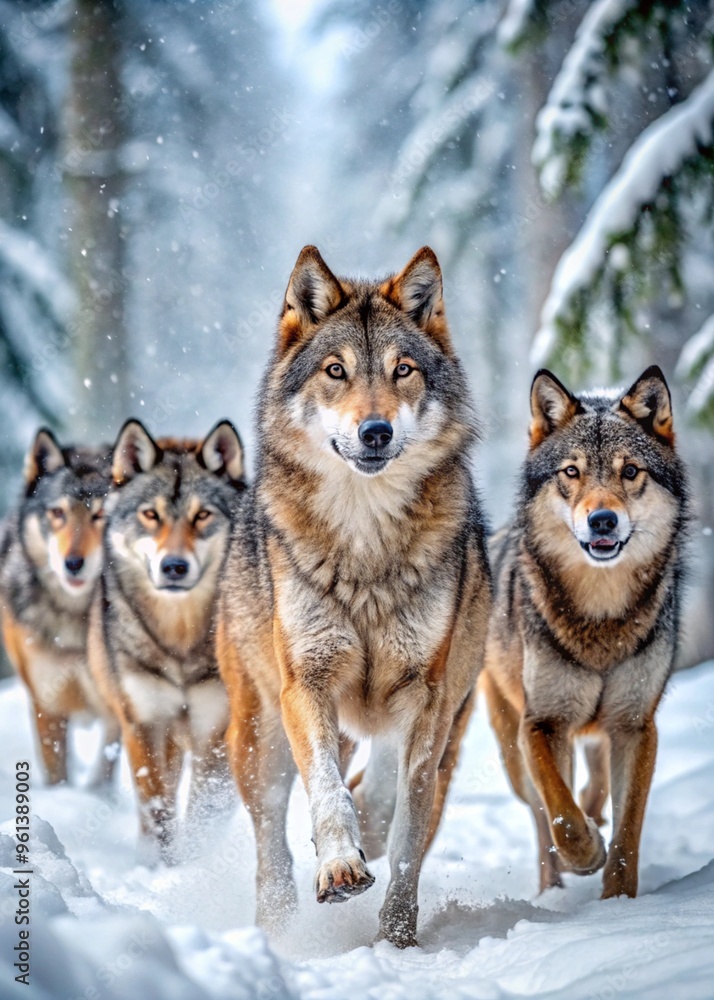 Pack of Wolves Walking in Snowy Forest, Wildlife Photography Pack of Wolves Walking in Snowy Forest, Wildlife Photography