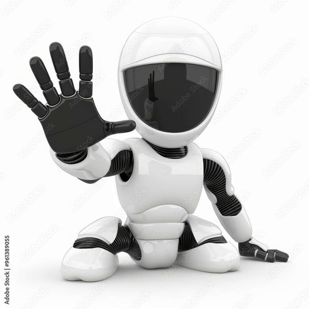 White Robot Sitting Down With Hand Up, Futuristic Android Concept, 3D Render Illustration White Robot Sitting Down With Hand Up, Futuristic Android Concept, 3D Render Illustration