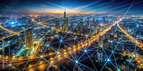 A bird's-eye view of a sprawling metropolis at night, with a kaleidoscope of twinkling city lights and a complex network of power lines and cables crisscrossing the urban landscape. photo