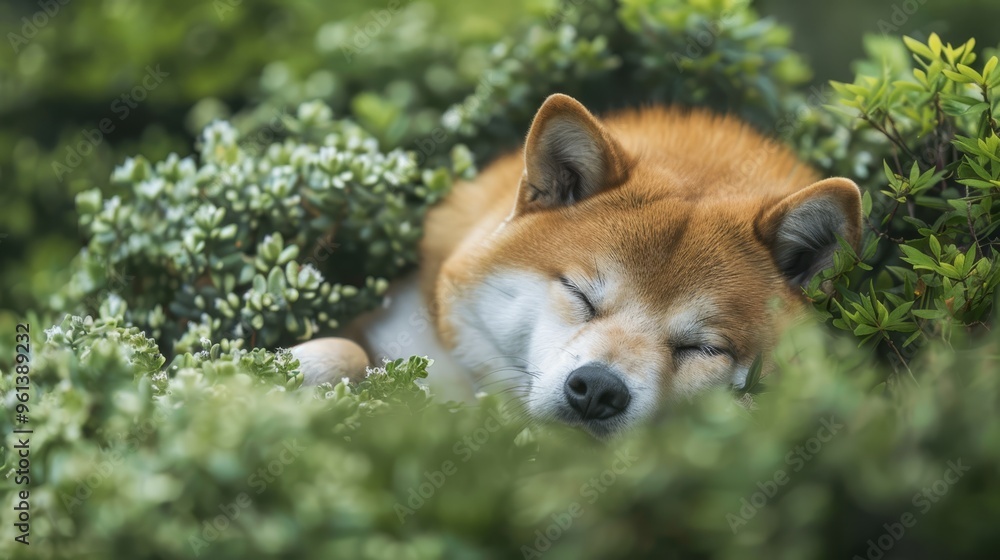 Fototapeta premium A tight shot of a dog reclining in a bush, eyes shut, and head atop it