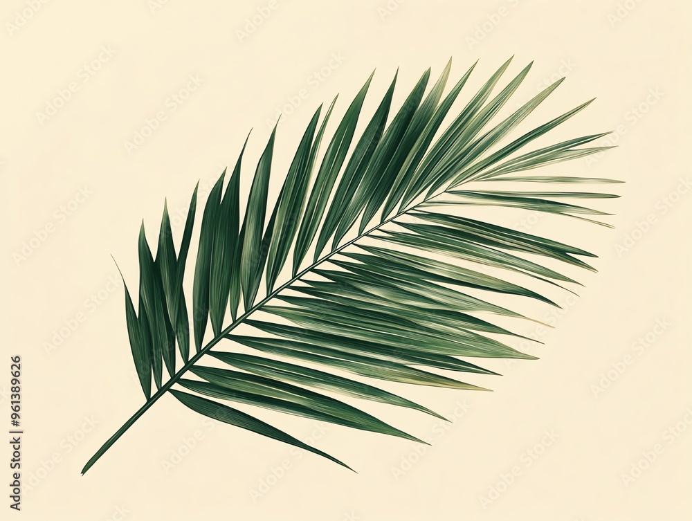Fototapeta premium Single green palm leaf with soft yellow background.