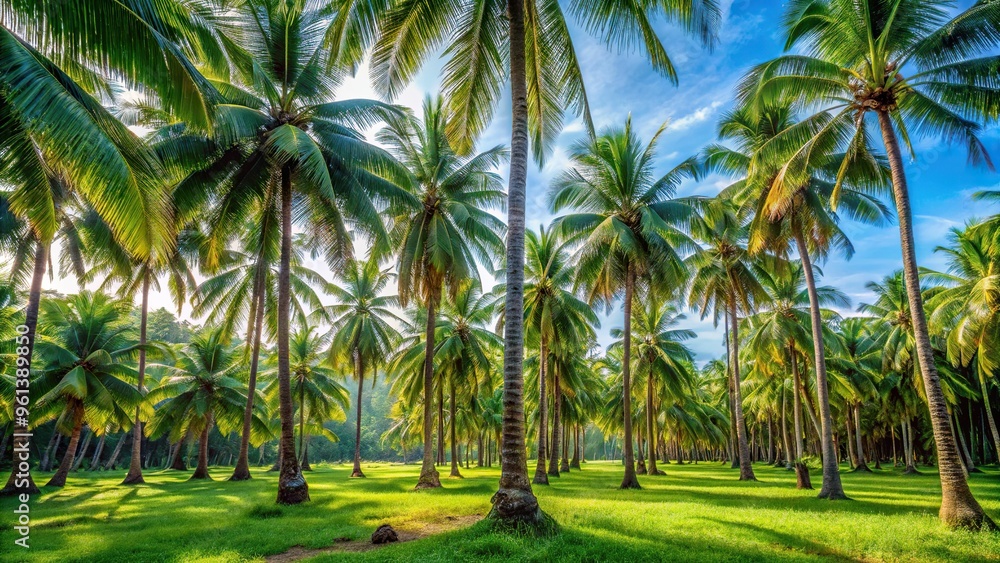 A group of coconut palm trees clustered together, their trunks leaning inward, surrounded by lush green foliage, bathed in dappled shade and soft, natural light. A group of coconut palm trees clustered together, their trunks leaning inward, surrounded by lush green foliage, bathed in dappled shade and soft, natural light.