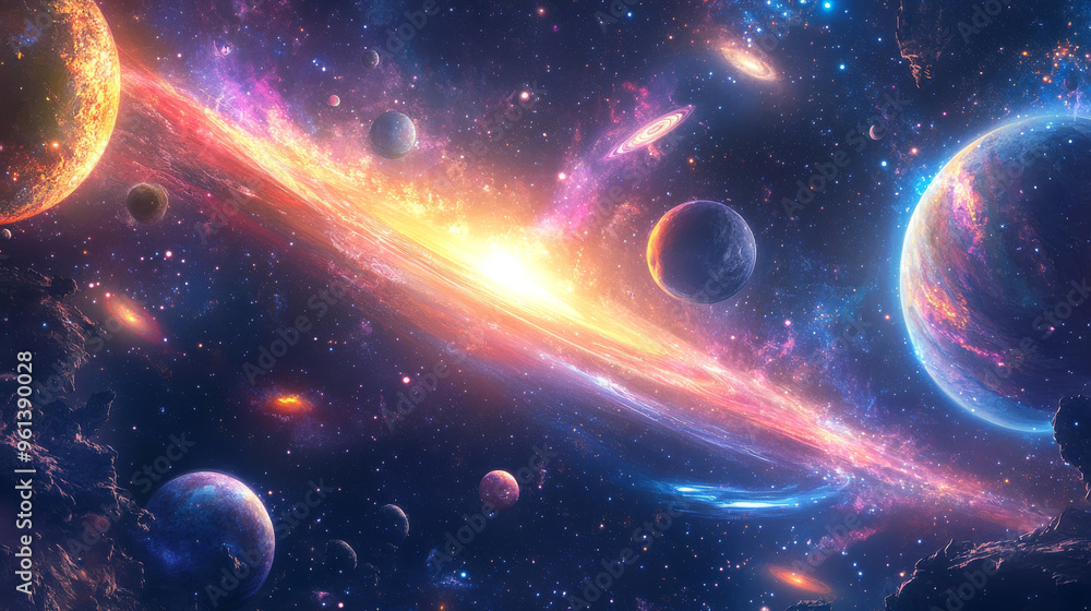 This fun and colorful picture shows a galaxy with planets, stars, and comets. It's a great way to add some excitement to your artwork. This fun and colorful picture shows a galaxy with planets, stars, and comets. It's a great way to add some excitement to your artwork.