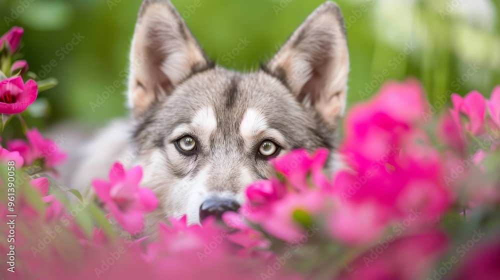 Obraz premium A tight shot of a dog among flower blooms, pink varieties in the foreground, background softly blurred