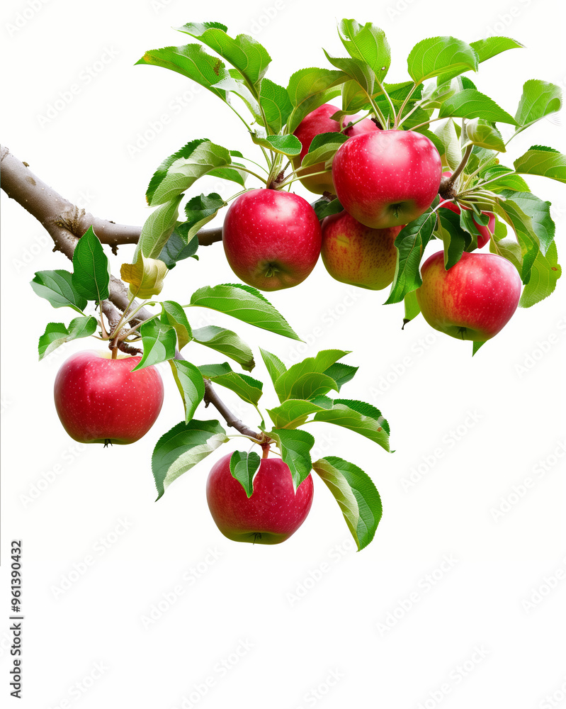 The apple growing on the tree stands alone against a white background The apple growing on the tree stands alone against a white background