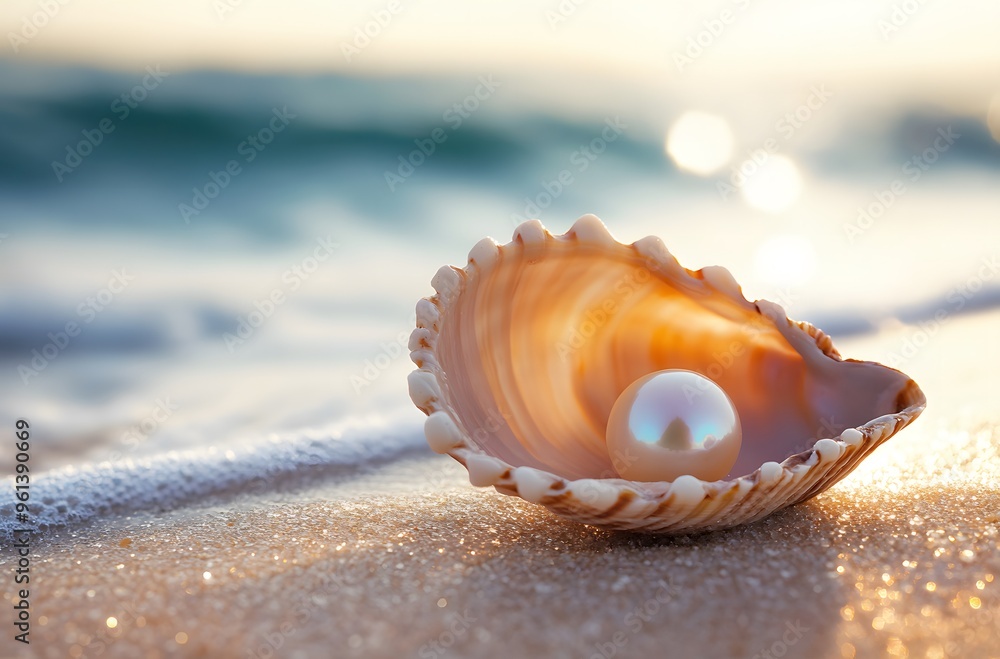 Shiny seashell on beach at sunset Shiny seashell on beach at sunset