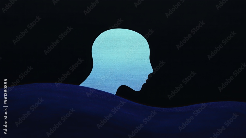 Minimal art, the emergence of a blue human head silhouette from ...