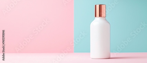 Minimalistic white bottle with a rose gold cap on a pastel background, perfect for cosmetic or skincare product displays.