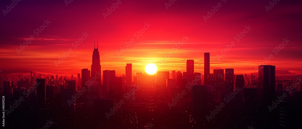 Fototapeta premium Stunning sunset over a city skyline, with vibrant colors blending into a beautiful evening sky.