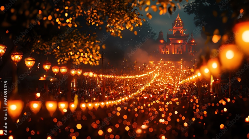 Fototapeta premium A magical night scene filled with glowing lanterns illuminating a pathway leading to a majestic temple.