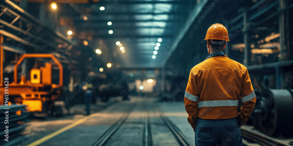 Factory worker in orange safety gear standing in industrial warehouse Factory worker in orange safety gear standing in industrial warehouse