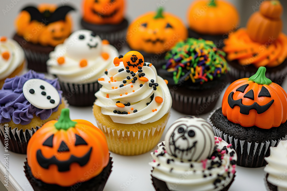 Halloween cupcakes with a variety of spooky decorations are waiting to be eaten at a party Halloween cupcakes with a variety of spooky decorations are waiting to be eaten at a party