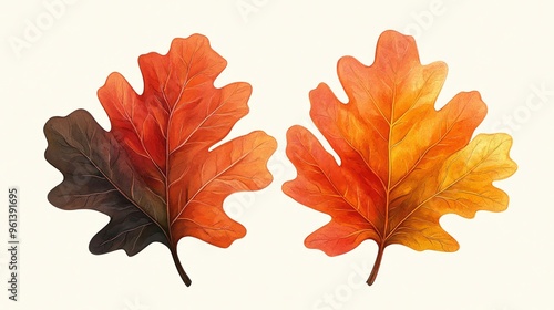 Fototapeta Naklejka Na Ścianę i Meble -  Two vibrant fall leaves with intricate veining and orange, yellow, and brown hues.