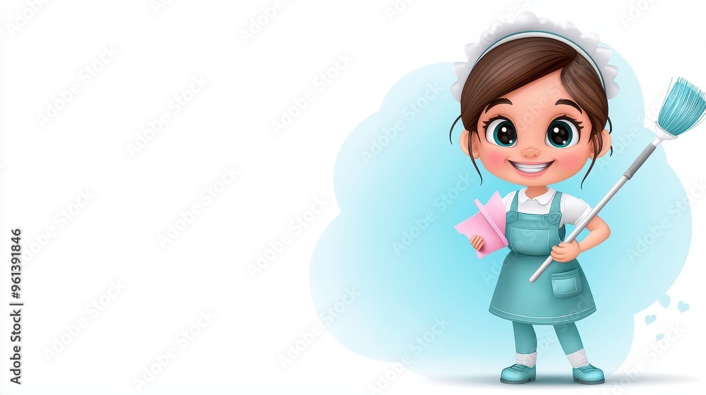 Cheerful Housekeeper Cleaning with Duster - 3D Clipart on Vibrant Background Cheerful Housekeeper Cleaning with Duster - 3D Clipart on Vibrant Background
