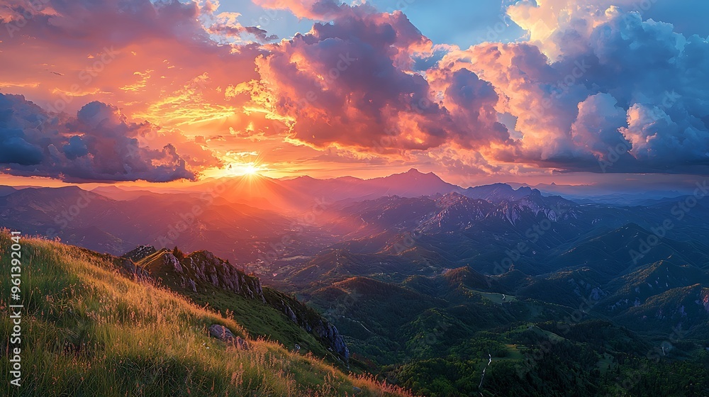 A stunning sunset over a majestic mountain range, filled with vibrant, colorful clouds. A stunning sunset over a majestic mountain range, filled with vibrant, colorful clouds.