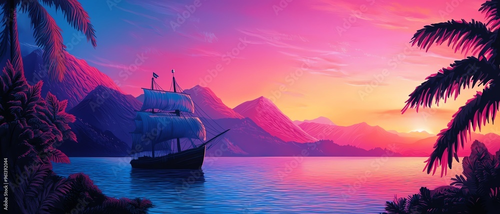 Fototapeta premium A vibrant sunset over calm waters, featuring a classic ship anchored near lush palm leaves and majestic mountains.