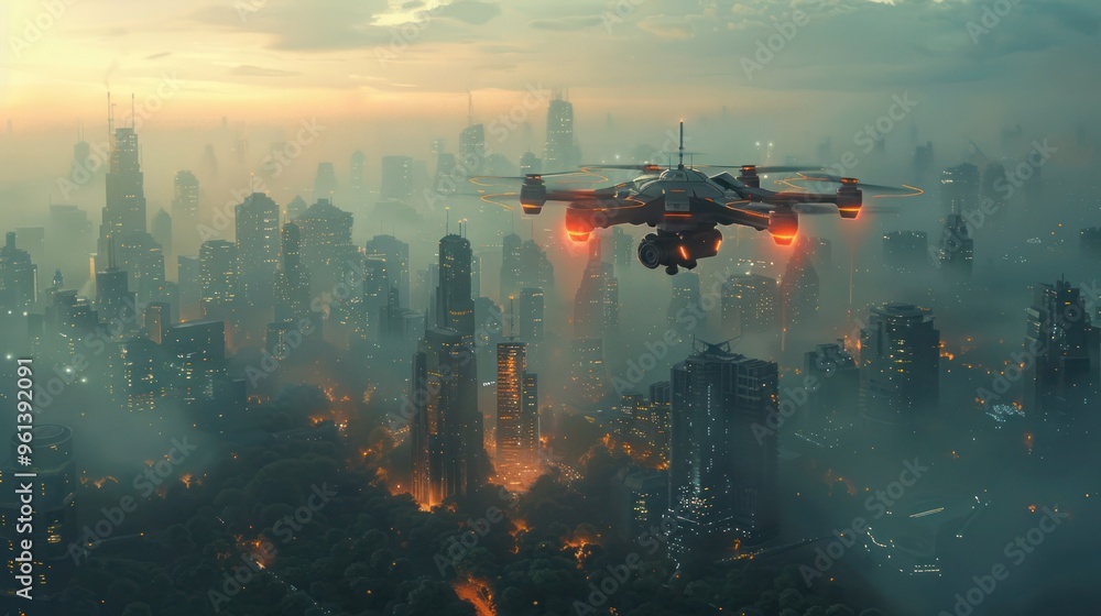Futuristic cityscape with AI drones patrolling, cybersecurity, advanced urban security, Urban Aerial Surveillance using Drones for Capturing Images of Skyscrapers. Futuristic cityscape with AI drones patrolling, cybersecurity, advanced urban security, Urban Aerial Surveillance using Drones for Capturing Images of Skyscrapers.