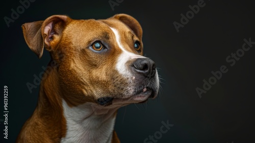  A brown-and-white dog with a blue eye gazes into the camera against a black backdrop