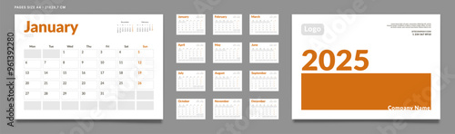 Set of 2025 Calendar Planner Template Pages Monthly, Cover with Place for Photo and Company Logo. Vector layout of a wall or desk calendar with week start Monday for printing. Page size A4-21x29.7cm