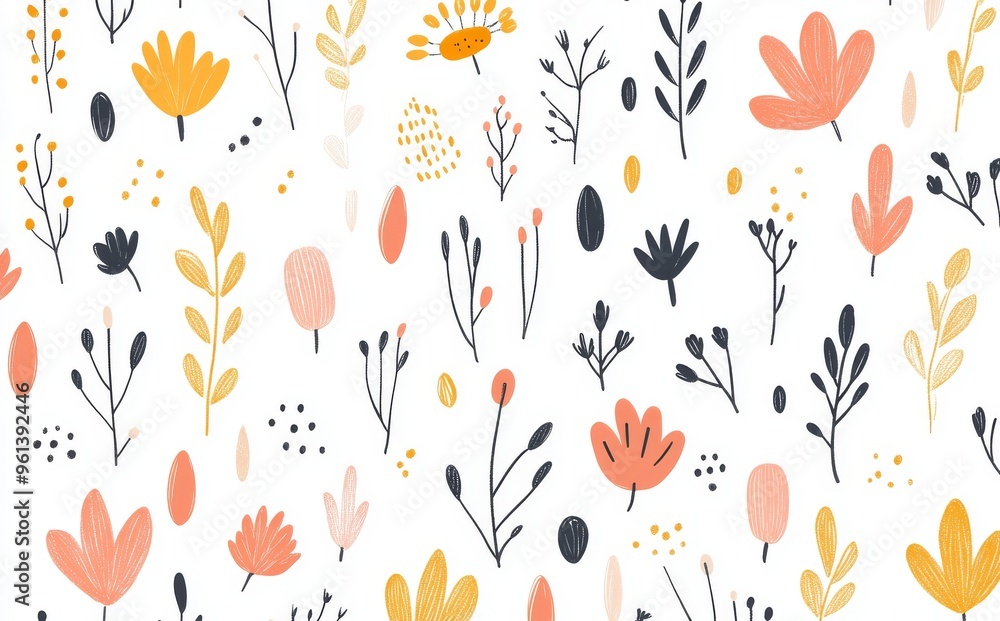 A pattern with branches and flowers. Bright flowers. A decorative doodle illustration of flowering plants. A background for textiles or scrapbooking. Flowers that bloom in the spring. A pattern with branches and flowers. Bright flowers. A decorative doodle illustration of flowering plants. A background for textiles or scrapbooking. Flowers that bloom in the spring.