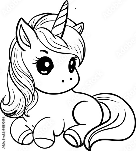 Cute cartoon unicorn coloring page children vector illustration. Fantastic animal. Black and white linear image.