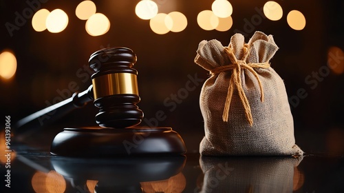 A gavel and a money bag symbolizing law and justice, representing legal decisions and financial penalties in a professional setting. photo