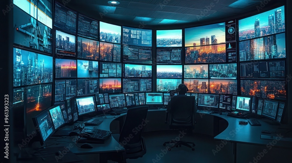 A high-tech control room where operators are monitoring multiple smart cameras and drones across the city, Smart City Monitoring: High-tech control room with drone and camera surveillance. A high-tech control room where operators are monitoring multiple smart cameras and drones across the city, Smart City Monitoring: High-tech control room with drone and camera surveillance.