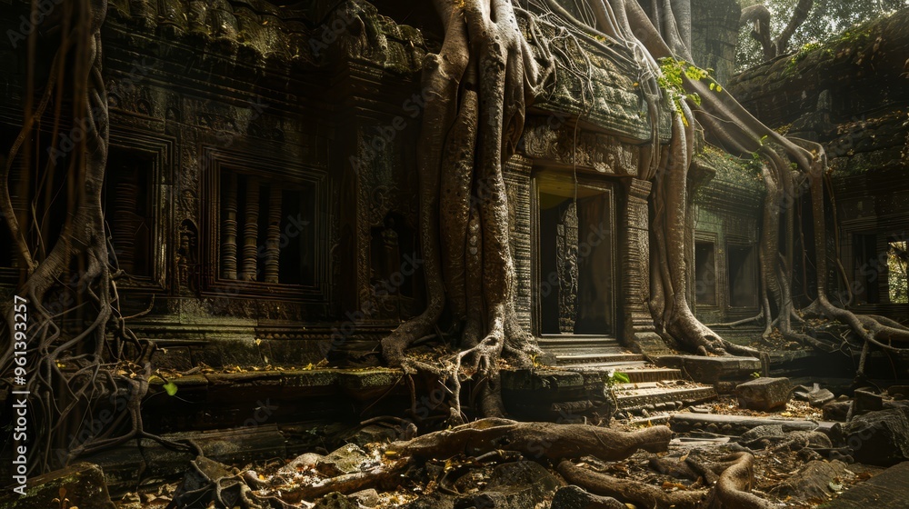 A very old building, its sides overtaken by trees with extensive root systems, features a centrally located door A very old building, its sides overtaken by trees with extensive root systems, features a centrally located door