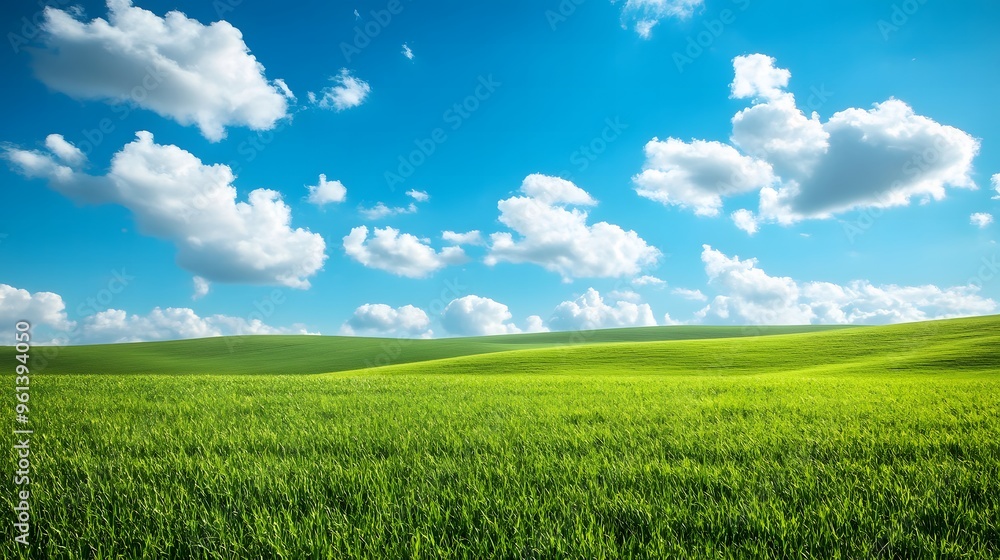 Green hills and fluffy clouds under a bright blue sky Green hills and fluffy clouds under a bright blue sky