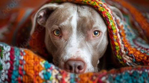  A tight shot of a dog wearing a blanket over its head, another blanket concealing its face