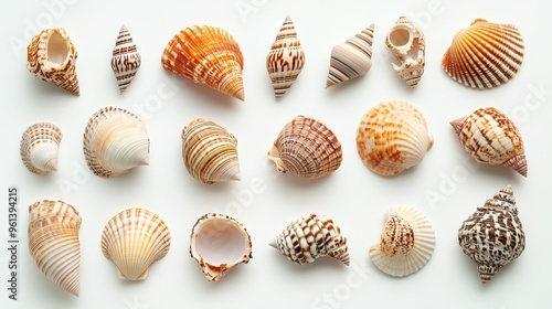 Collection of various seashells isolated on a white background, showcasing different types of shells from the beach and ocean