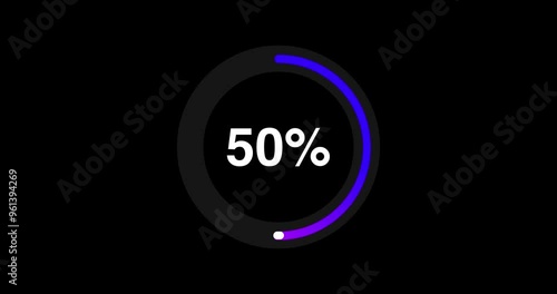 Loading transfer download animation 0-100 percent, circle percentage diagrams. neon color glowing counter. Countdown, futuristic loading circle ring. 4K