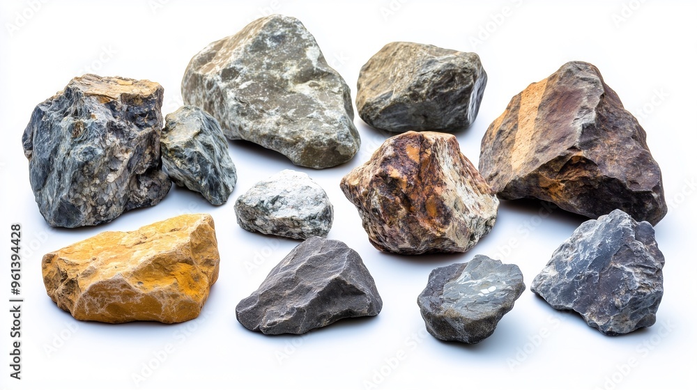 Close-up of rough black and white stones with a natural, crystal-like texture on a white background Close-up of rough black and white stones with a natural, crystal-like texture on a white background