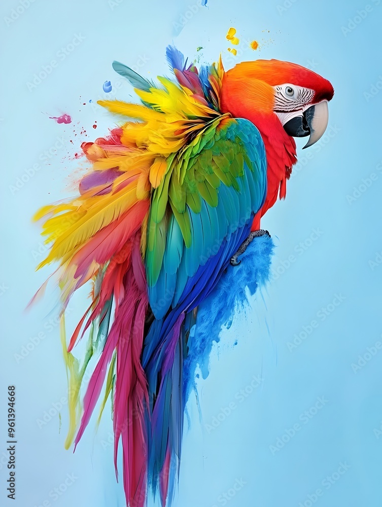 Obraz premium Vibrant Parrot Paintbrush A Colorful Avian Art Tool on Soft Blue Background
