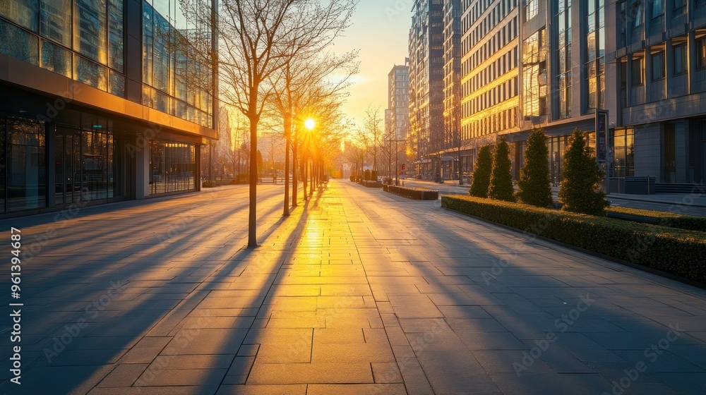 A serene city street at sunset, showcasing modern architecture and long shadows. A serene city street at sunset, showcasing modern architecture and long shadows.