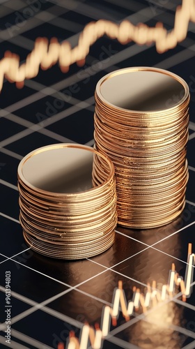 Stacks of gold coins on financial grid with rising bar charts, investment growth concept, 3D illustration