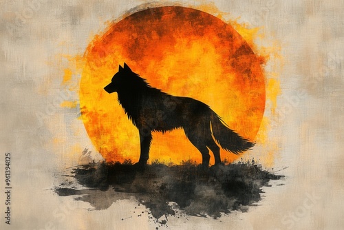 A silhouette of a lycan standing against a large orange moon, watercolor style, fluid brushstrokes with shades of black, orange, and yellow, copy space for text photo