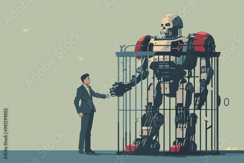 Robotic Overlord Imprisoning Jobless Human in Cage, Rise of Machines Holding Workforce Hostage, Technological Disruption and Unemployment Crisis